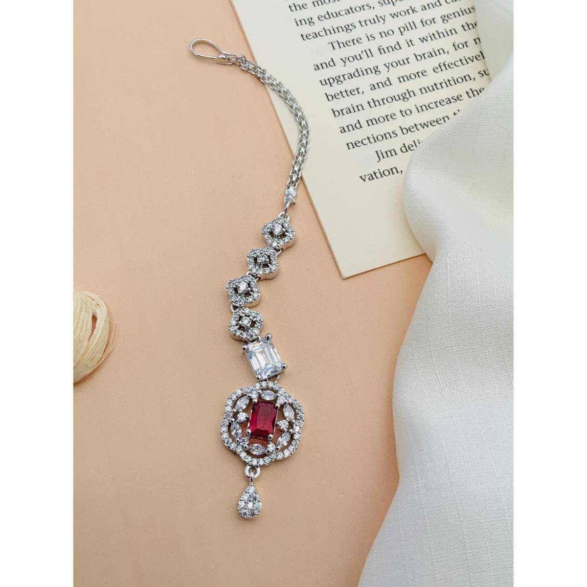 Abdesigns Elite High Quality Silver Plated American Diamond Maang Tikka · One Size