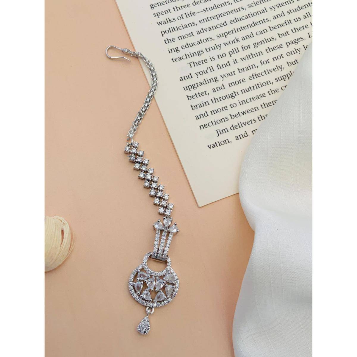 Abdesigns Charming High Quality Silver Plated American Diamond Maang Tikka