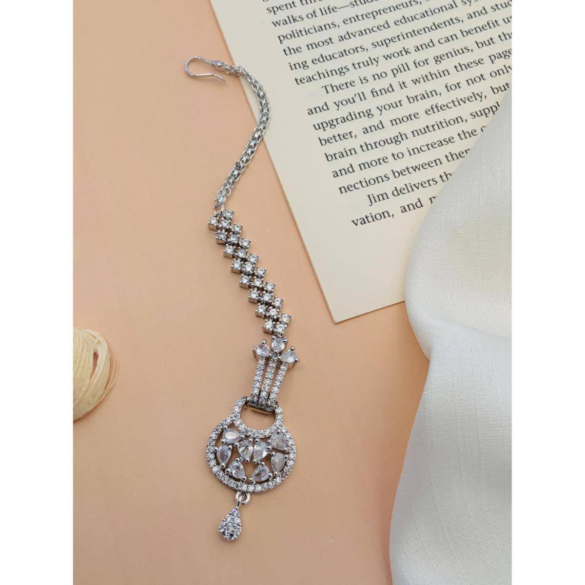 Abdesigns Charming High Quality Silver Plated American Diamond Maang Tikka
