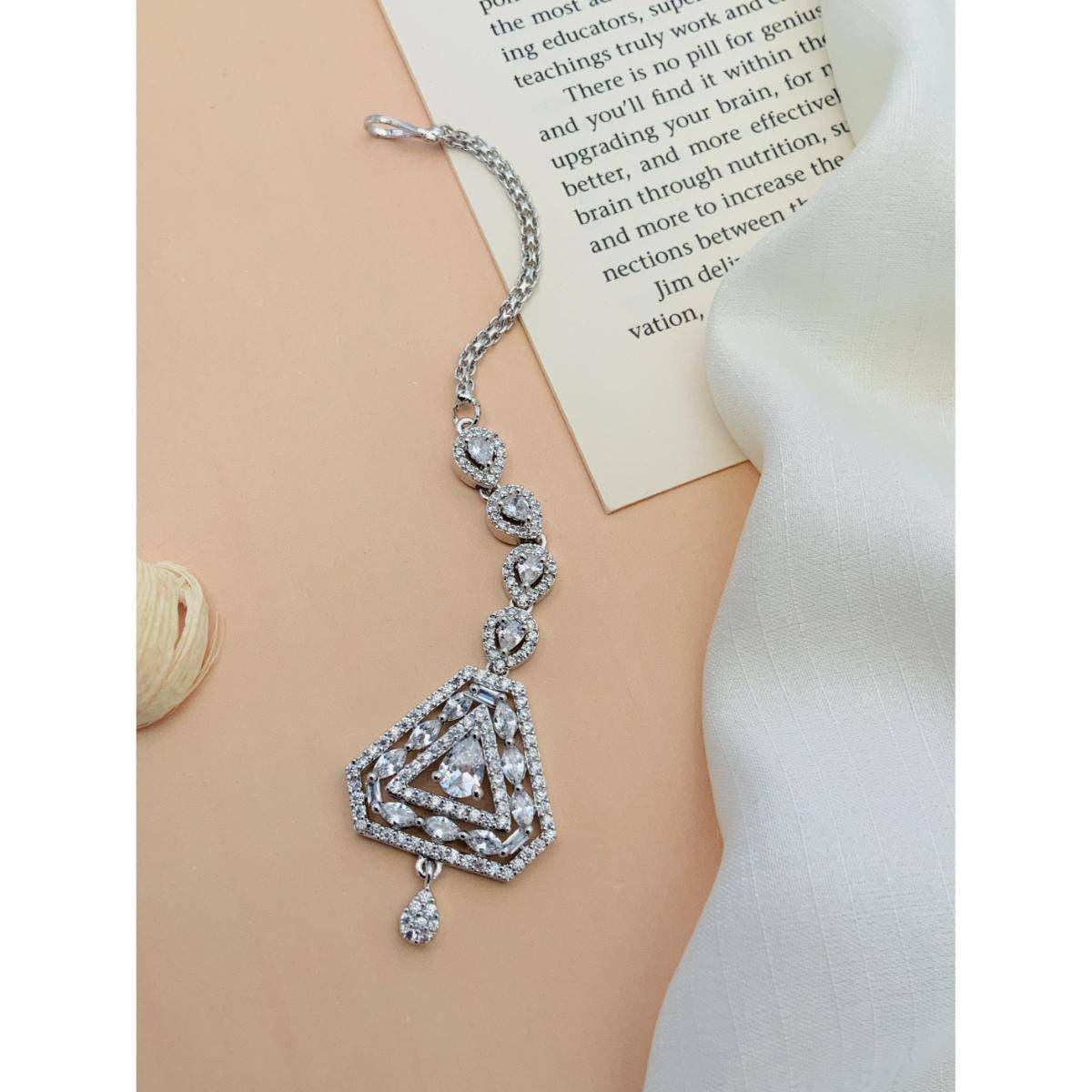 Abdesigns Elegant High Quality Silver Plated American Diamond Maang Tikka