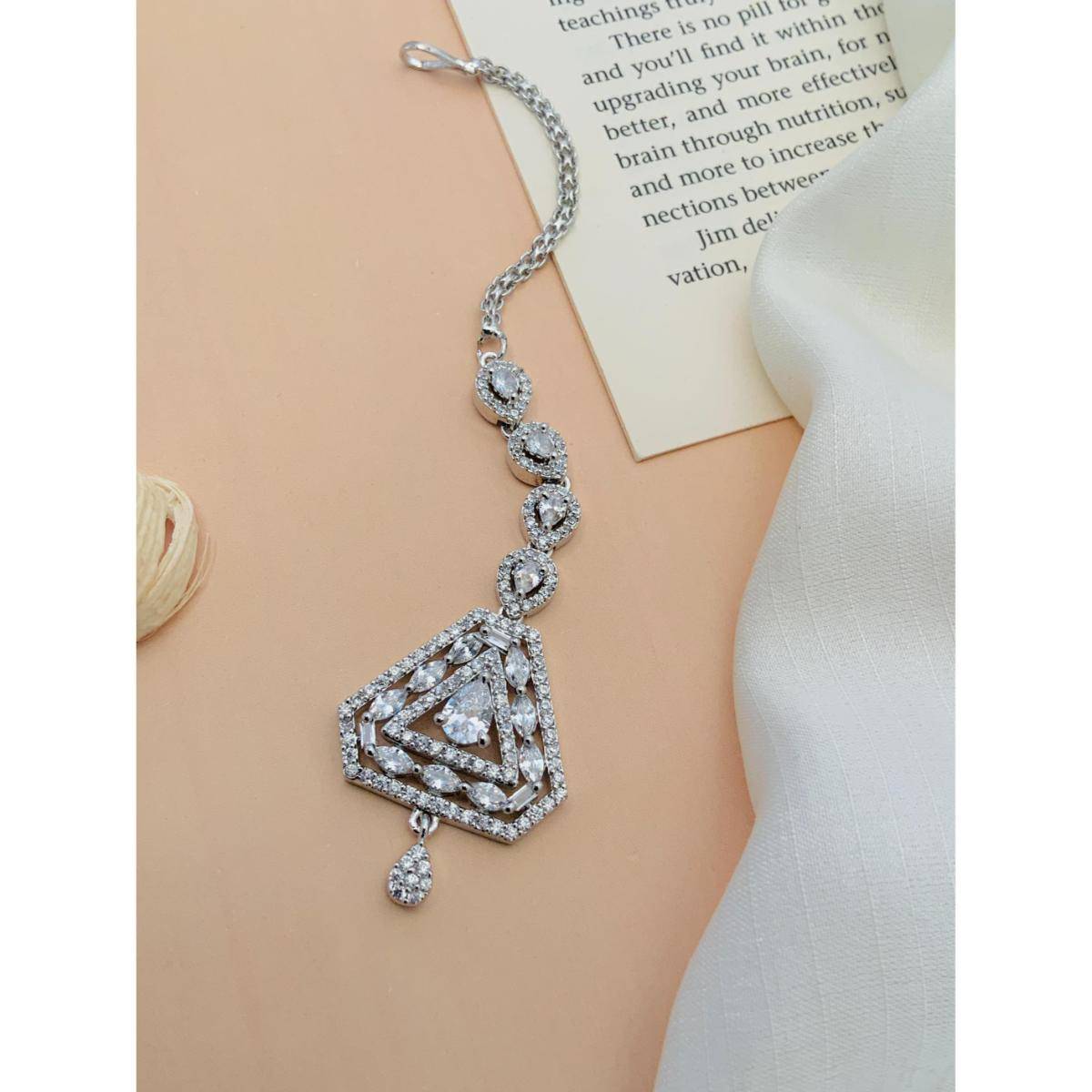 Abdesigns Elegant High Quality Silver Plated American Diamond Maang Tikka