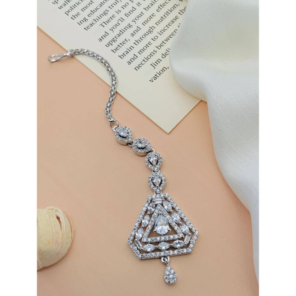 Abdesigns Elegant High Quality Silver Plated American Diamond Maang Tikka