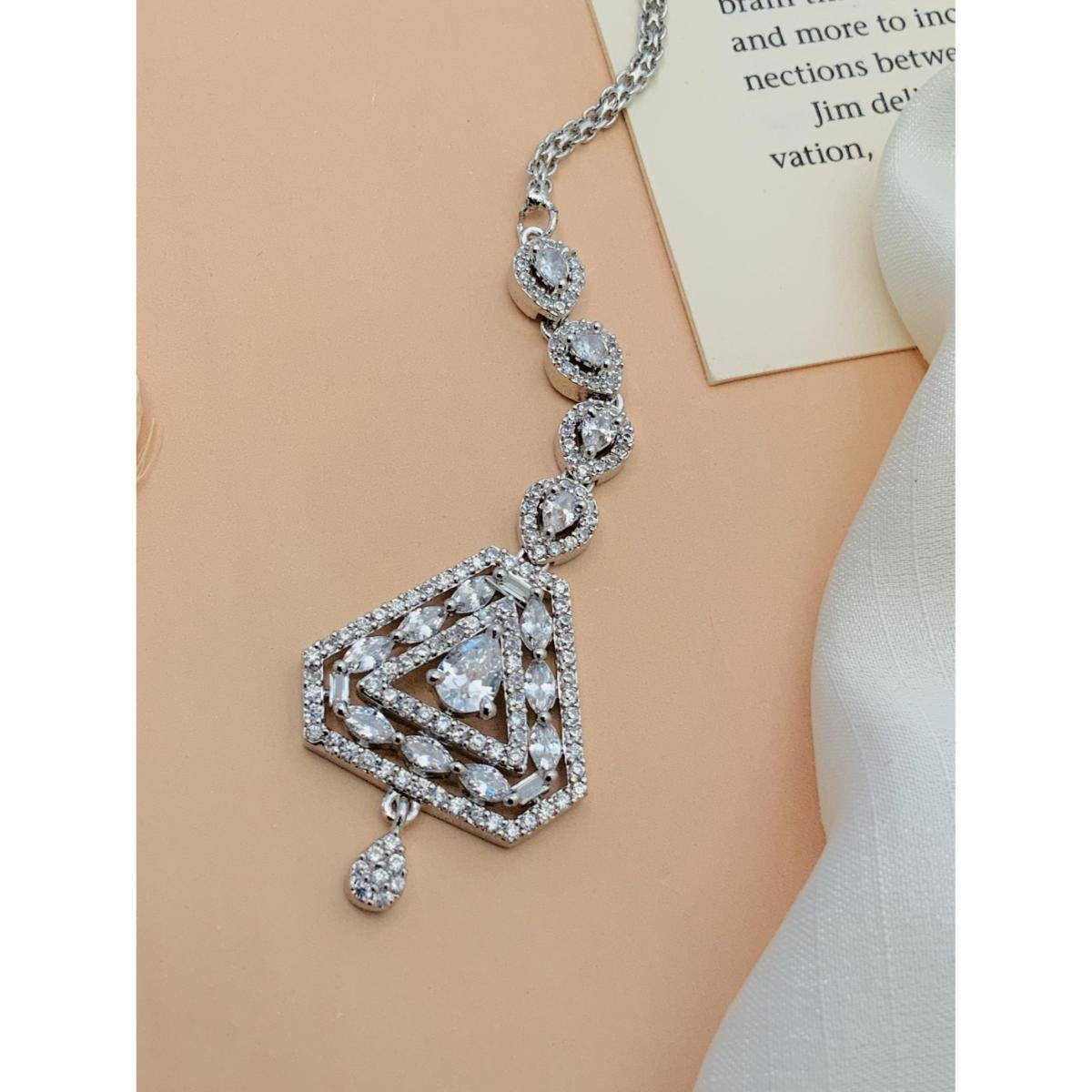 Abdesigns Elegant High Quality Silver Plated American Diamond Maang Tikka