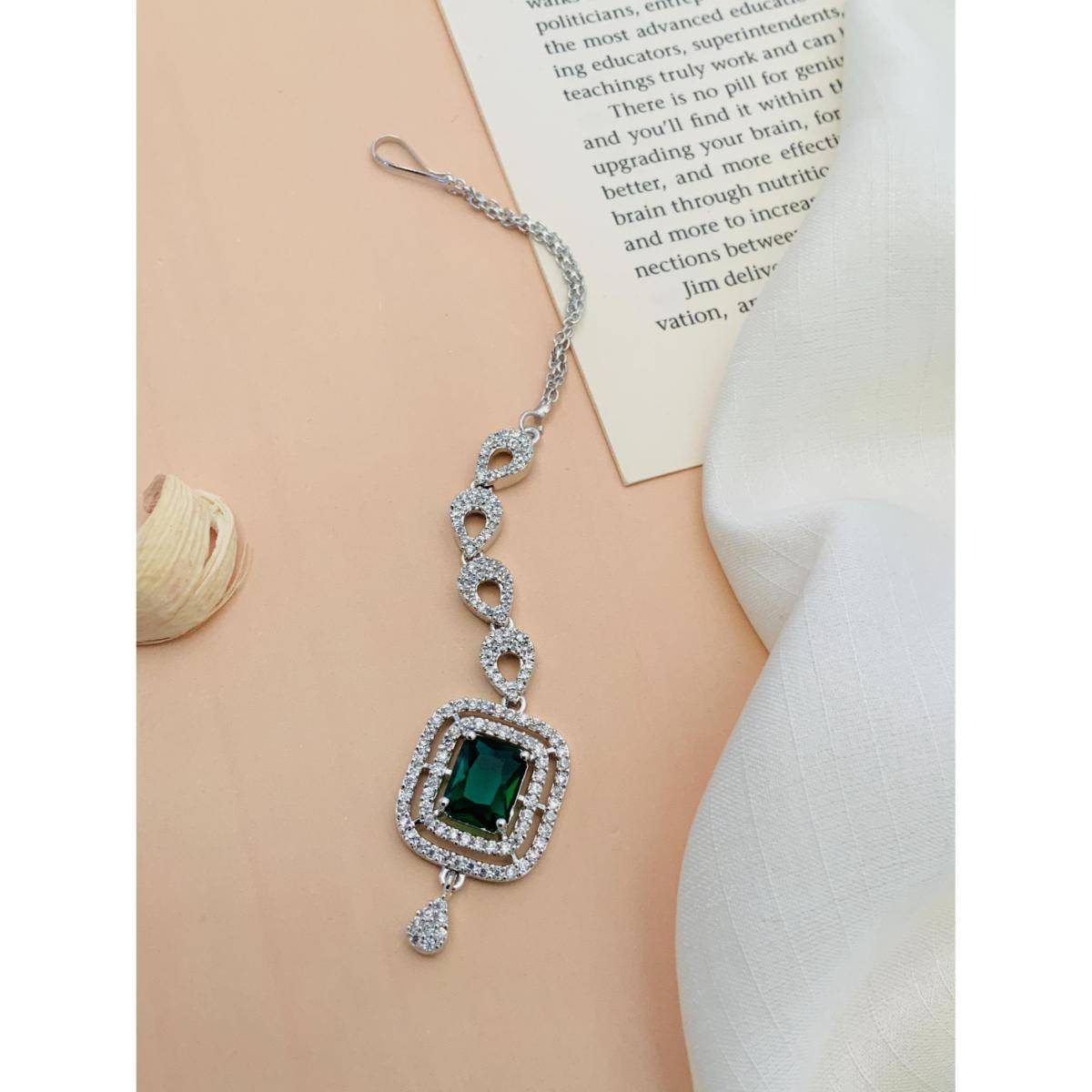 Abdesigns Charming High Quality Silver Plated American Diamond Maang Tikka