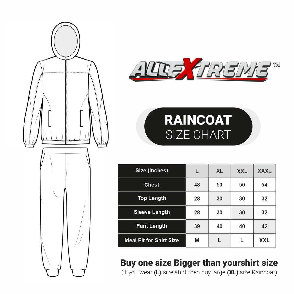 Allextreme Kinder Men Universal Raincoat, waterproof Rainsuit with Adjustable Hood, Drawstring Hem Set of Top & Bottom with Carrying Pouch (White, XXL)