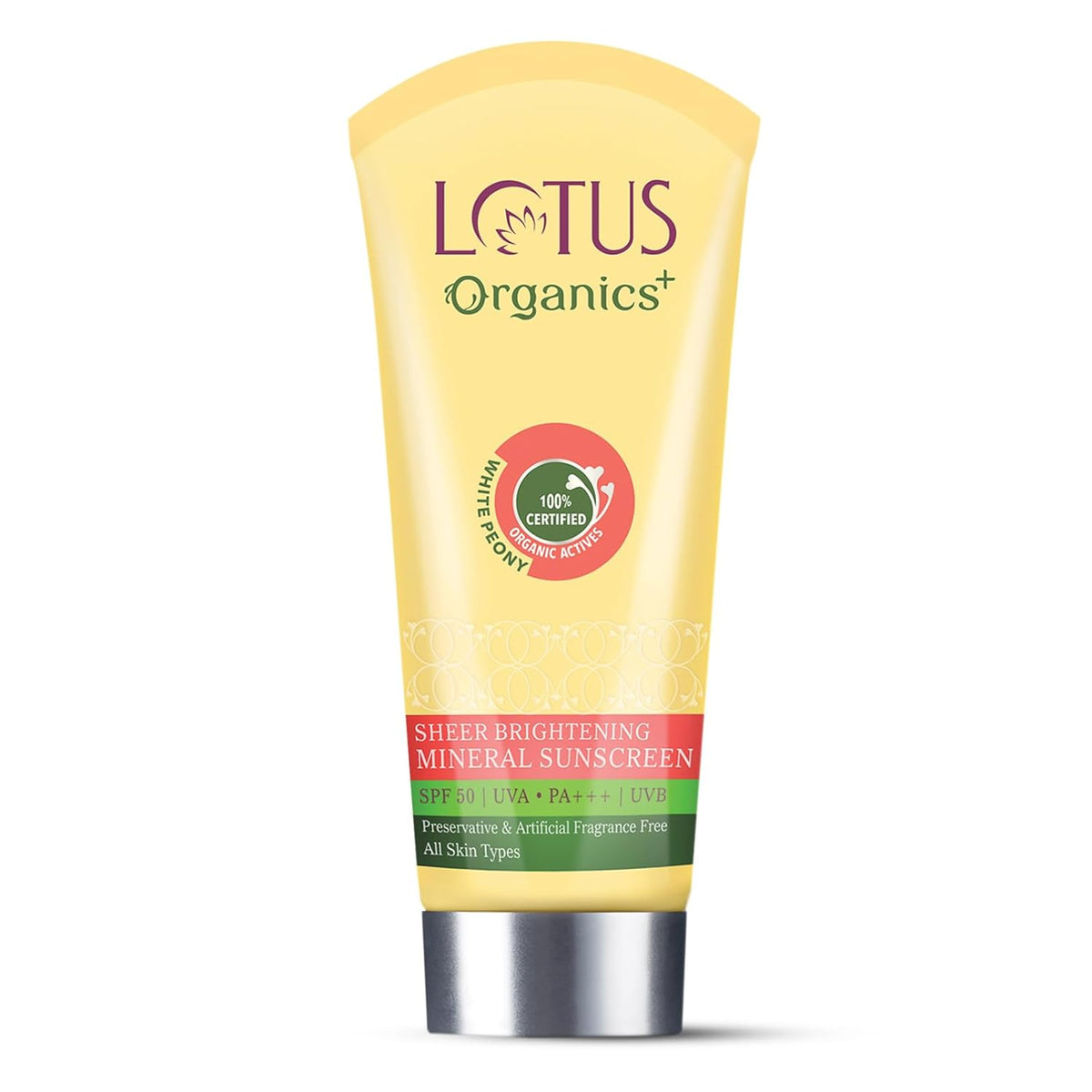 Lotus Organics+ Sheer Brightening Mineral Sunscreen | Non Greasy & Lightweight | SPF 50 | PA+++ | 100% Certified Organic White Peony | Fights Tanning & Pigmenta