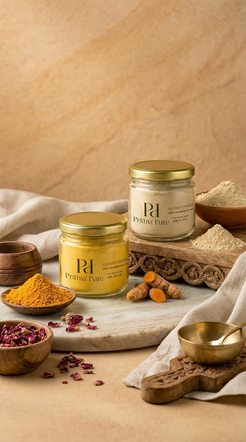 Multani Mitti Powder Combo | 200g Each | Organic Fuller’s Earth Yellow Mud & Turmeric Ubtan for Face & Hair | Natural Oily Skin Care, Acne & Tan Removal, Oil Co