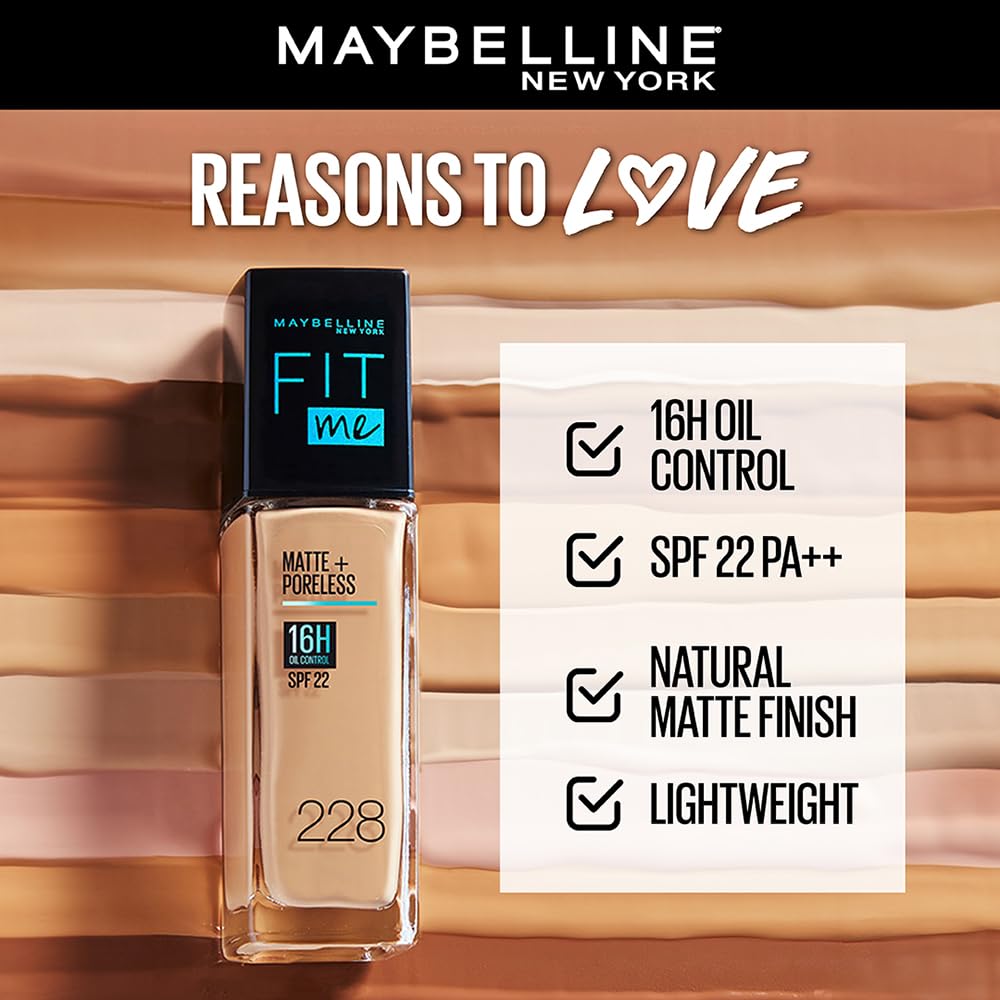 Maybelline New York Fit Me Matte + Poreless Liquid Foundation, pore minimising lightweight formula suitable for daily use and Indian Skin - 228 Soft Tan, 30 ml
