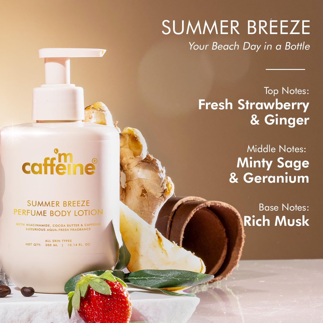 mCaffeine Summer Breeze Perfume Body Lotion|Niacinamide, Cocoa Butter & Shea Butter For Deep Moisturization|Lightweight, Non-Sticky|Aqua-Fresh Beachy Fragrance