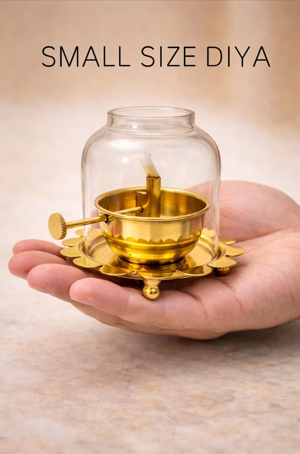 Brass Akhand Jyoti Diya Oil Lamp with Adjustable Bati Knob, Glass Cover Deep for Puja, Deepam Jyot Lamp, 30 ml Oil Capacity, Up to 12 Hours Burning, Brass Pooja