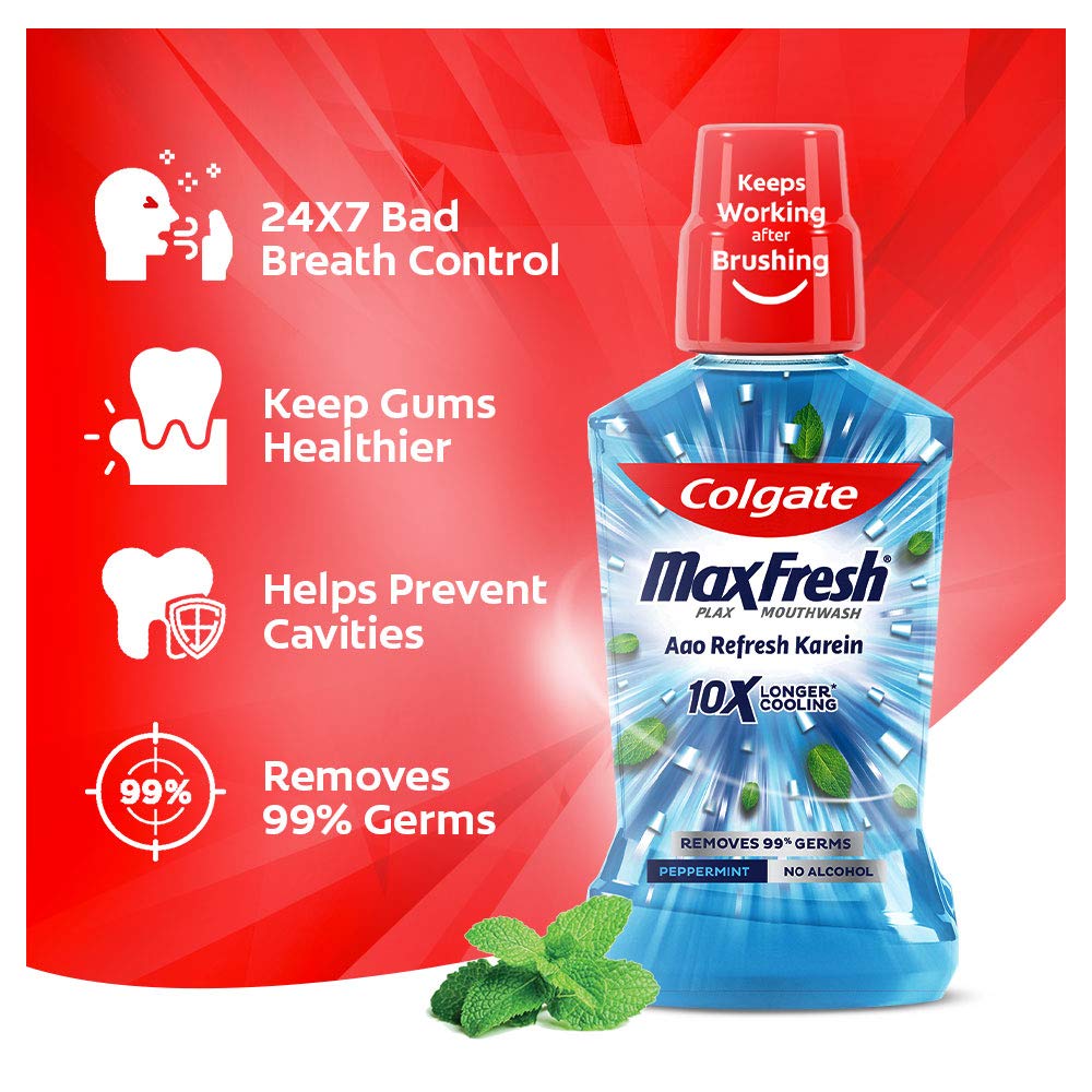 Colgate Plax Peppermint Fresh Mouthwash, 0% Alcohol – 250 ml with Colgate Plax Peppermint Fresh Mouthwash, 0% Alcohol – 500 ml 250ml + 500ml Pepper Mint