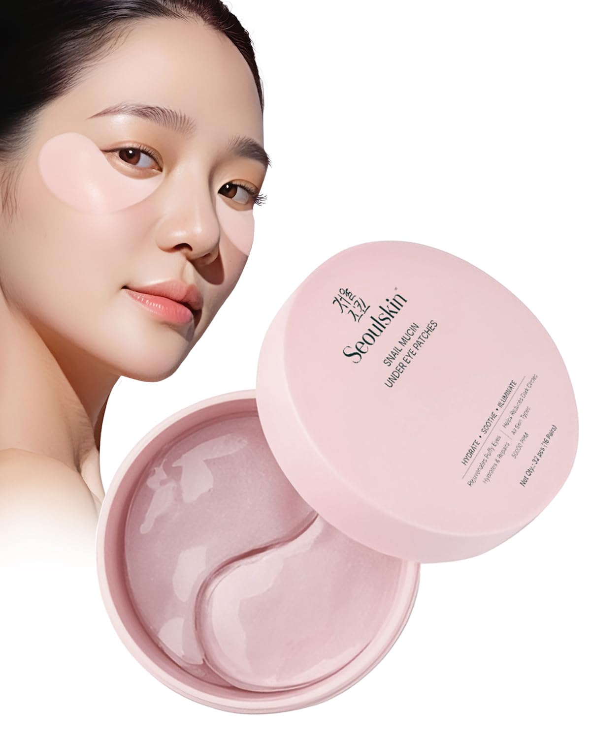 SeoulSkin Snail Mucin Under Eye Serum Patches (32 Pcs) – Korean Eye Patches for Dark Circles, Puffy Eyes, Hydrates & Repairs with Niacinamide & Hyaluronic Acid