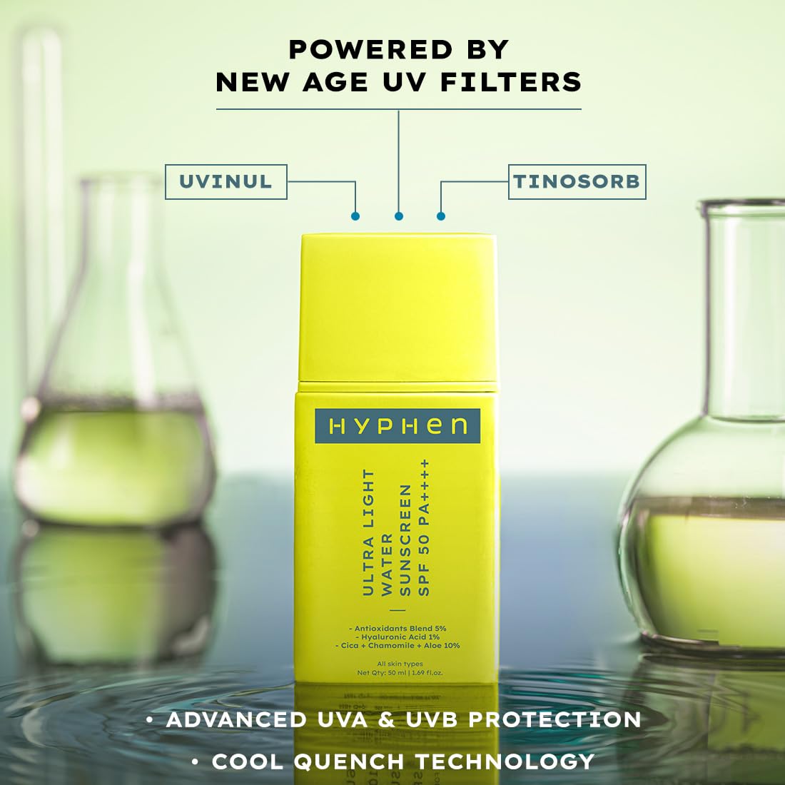 Hyphen 1% Hyaluronic Ultra Light Water Sunscreen SPF 50 PA ++++ | In-Vivo certified | Broad Spectrum & Blue Light Protection | No White Cast | Contains 5% Antio