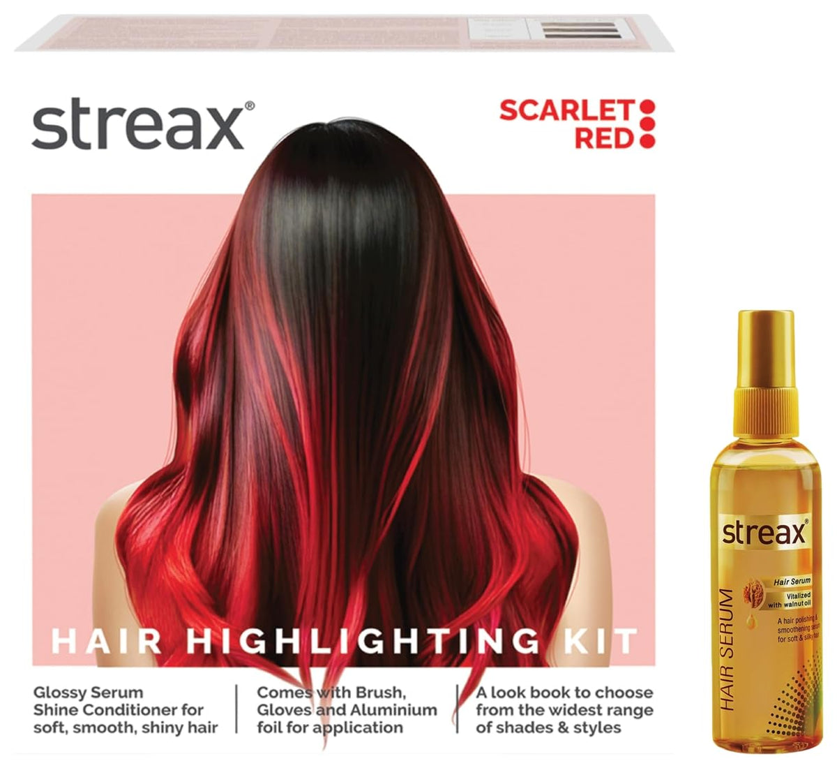 Streax Hair Serum 125ml, Vitalized with Walnut Oil, For Hair Smoothening & Shine, For Dry & Frizzy Hair Hair Colour Highlight Kit | Red Hair Colour, Scarlet Red
