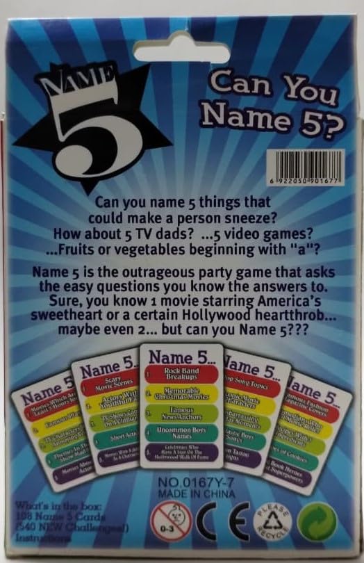 Name 5 Card Game, Can You Name 5, 2+ Players, Ages 12+