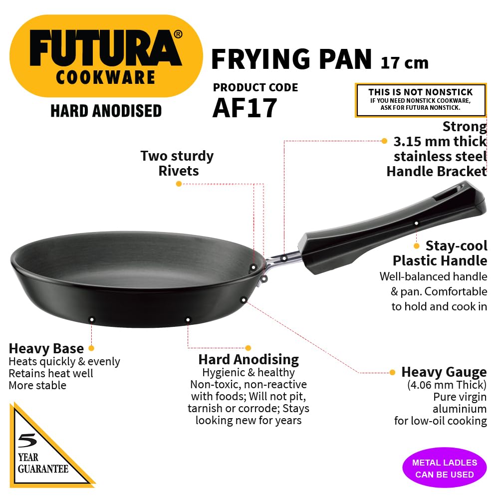 Hawkins Futura 17 cm Frying Pan, Hard Anodised Fry Pan, Small Frying Pan, Black (AF17) 17 cm Without Lid Single Frying Pan - Non Induction