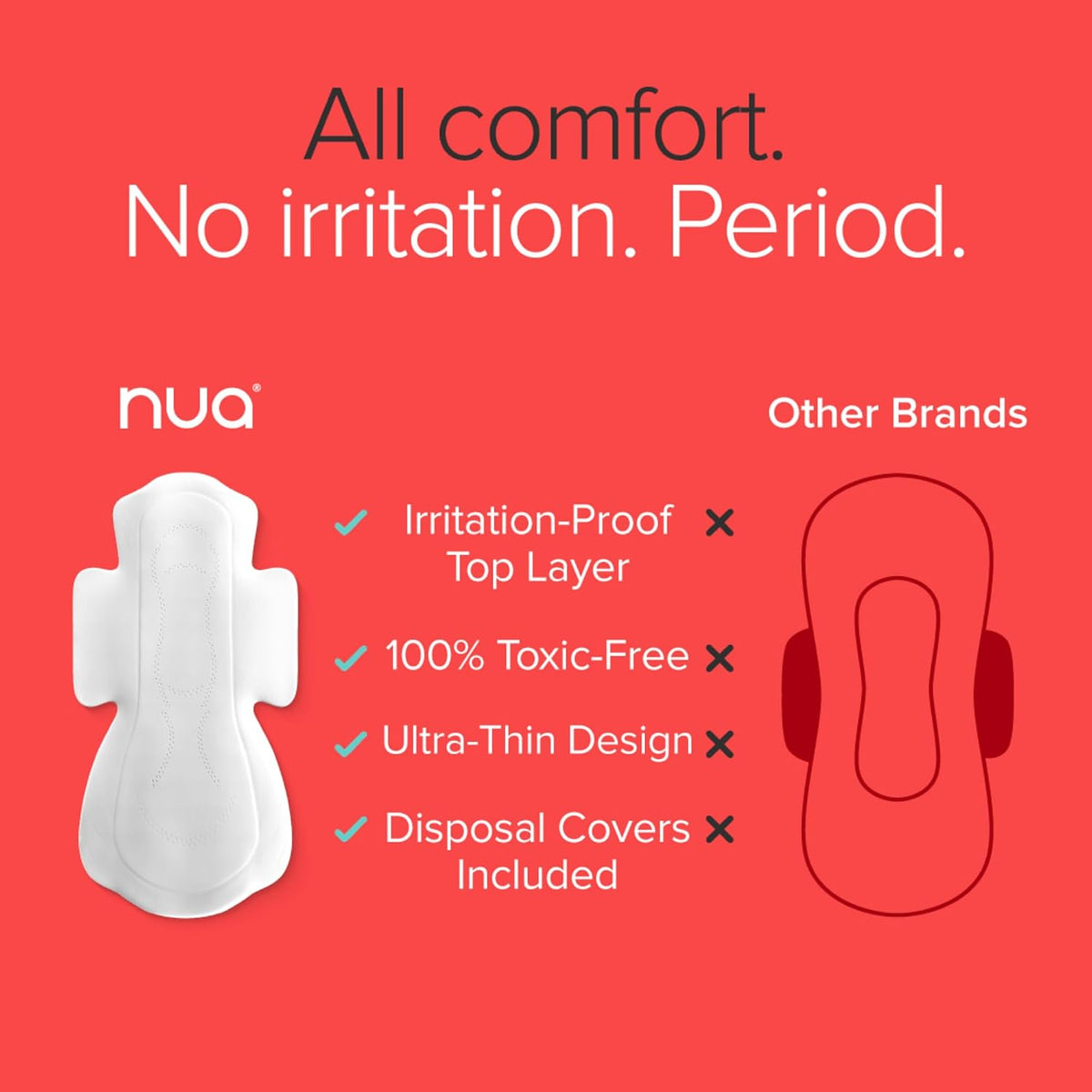 Nua Complete Comfort Sanitary Pads - Designed for Sensitive Skin | Pack of 50 pads for Heavy flow, with Disposal covers | Zero Irritation | Comfortable All-Day
