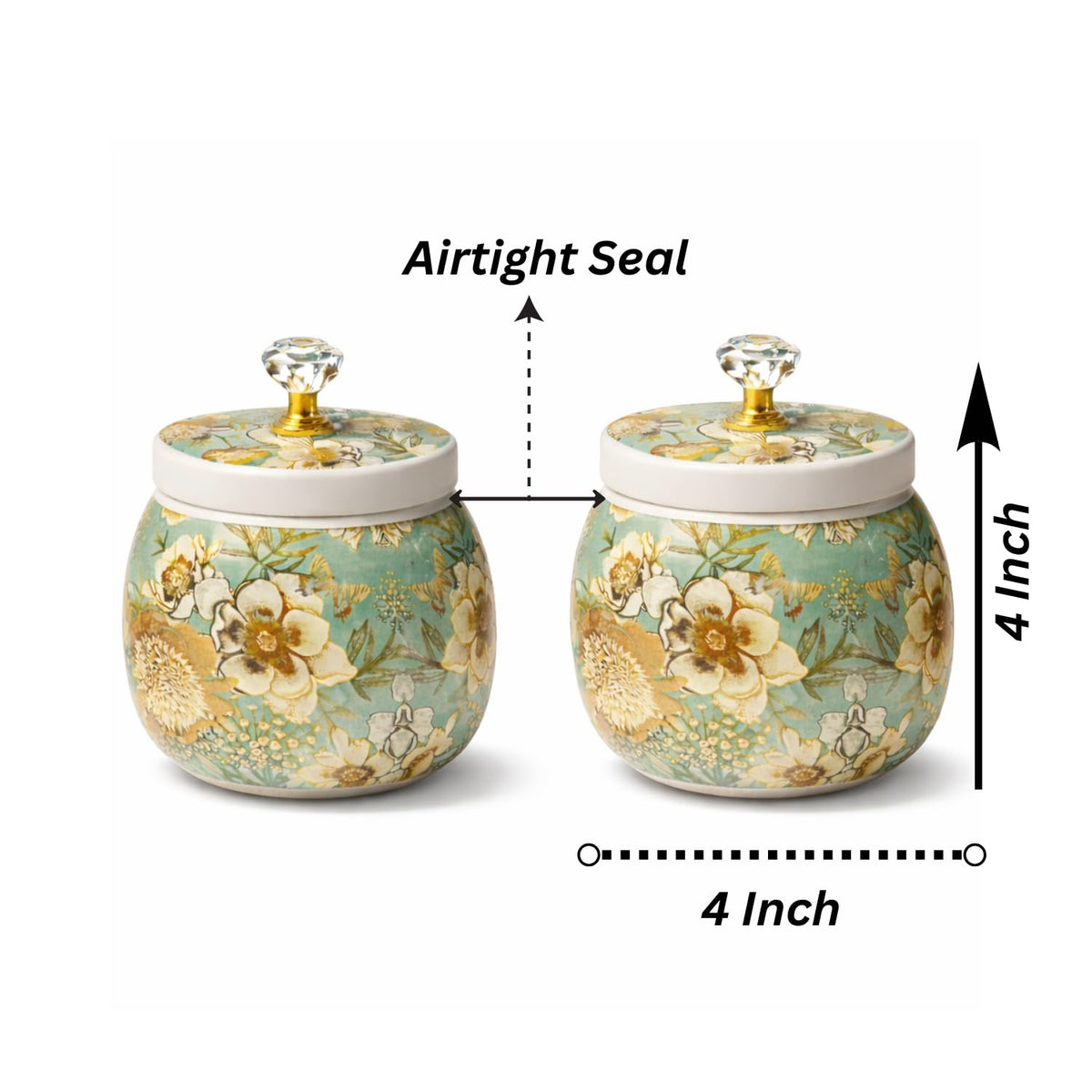 Kalakriti (Set of 2, 4x4 Inch Rust Free Meenakari Design Floral Birds Dryfruits Storage Jar with Airtight Lid Crystal Knob | Stylish Home Kitchen Organizer Cont
