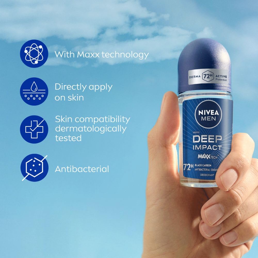 NIVEA MEN Deep Impact Freshness Underarm Roll On Deodorant for Men with Black Carbon | Long Lasting Antiperspirant Roll On for Body Odour Control | Alcohol Free