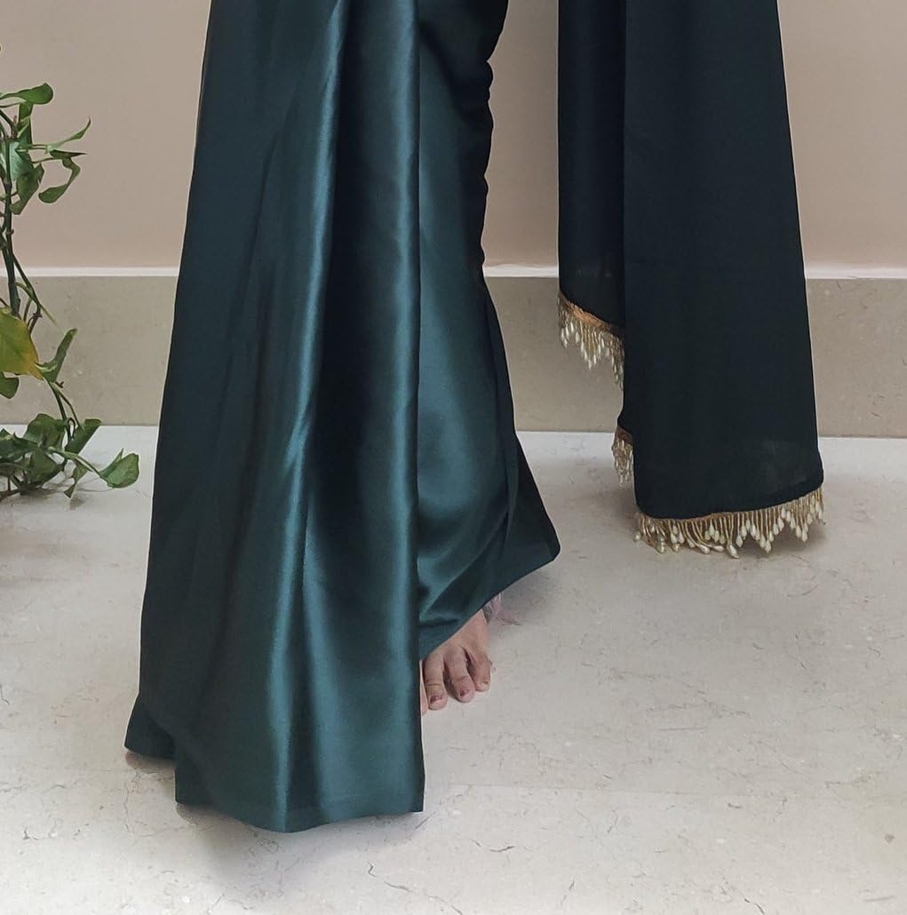 Women's Ready to Wear Satin Silk 1 Minute Pre Pleated Saree with Hand Work Tassels (Blackish Green) Free size Blackish Green