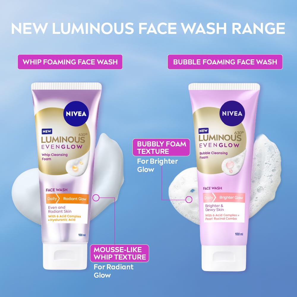 NIVEA Luminous Vitamin C - Whip Foaming Face Wash for Brightness & Radiant Glow, 100 ml | Cleanses, Brightens, Unclogs Pores & Hydrates | Removes Make Up | For