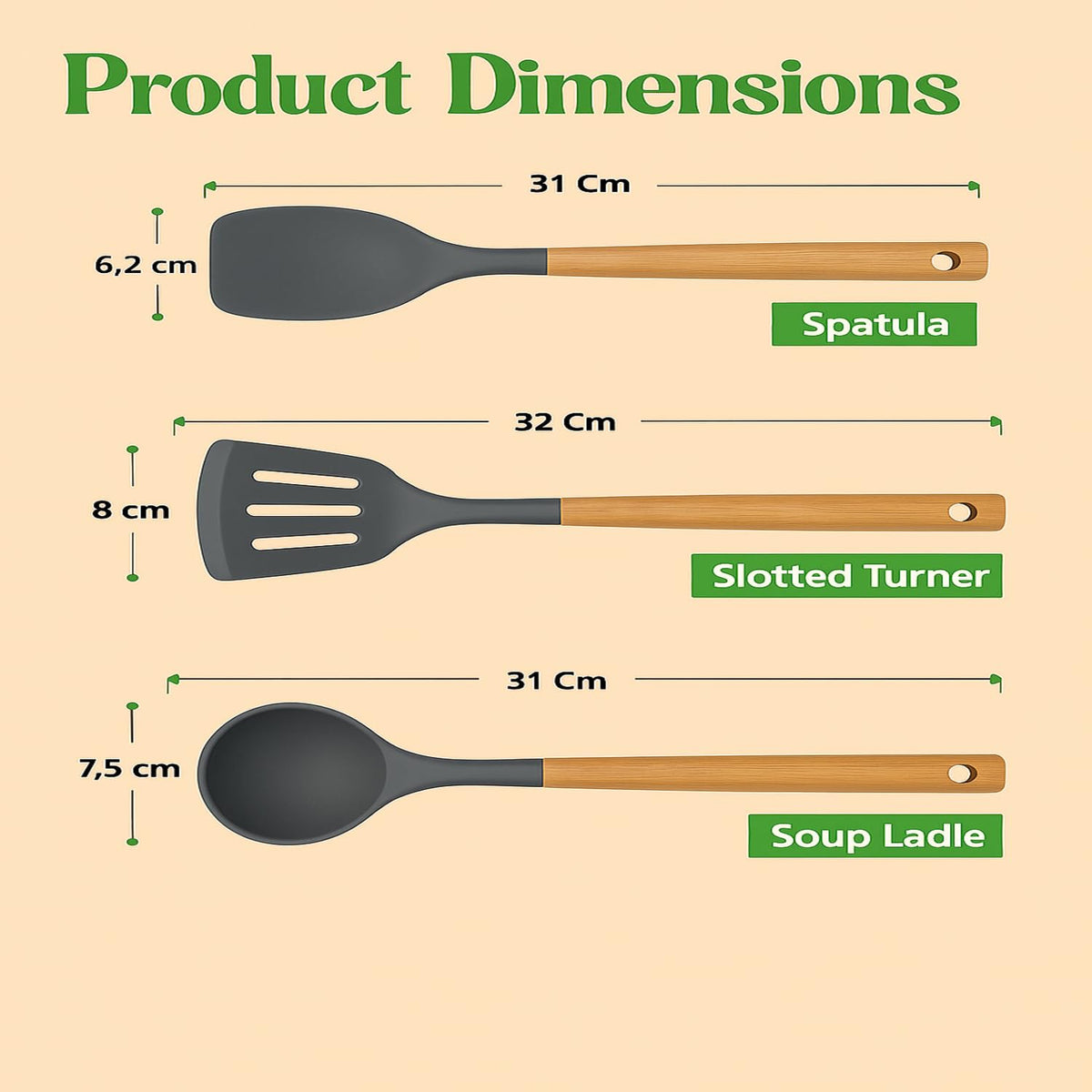 Sakoraware Silicone Spatula Set with Wooden Handle Kitchen Tools Mixing | Serving Cooking Spoon | Turner | Soup Ladle | Non-Stick | BPA Free Kitchen Tools Set o