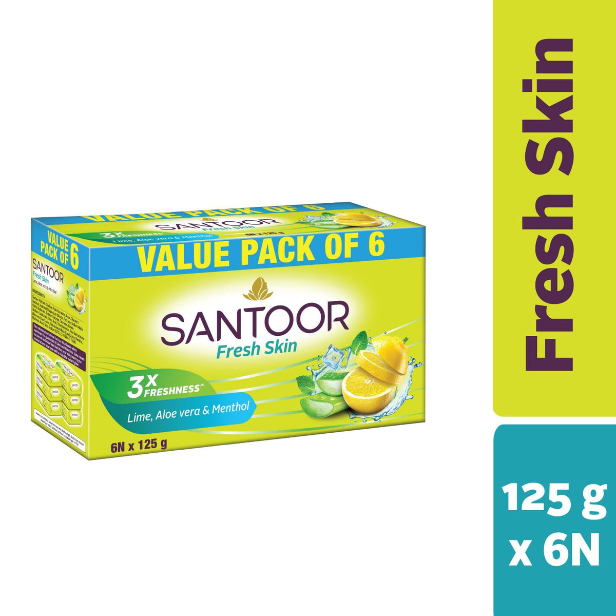 Santoor Fresh Skin Aloe Vera & Lime Bathing Soap with Nourishing & Anti-Aging Properties| For Smooth & Soft and Younger-Looking Skin| For All Skin Types| 125g,