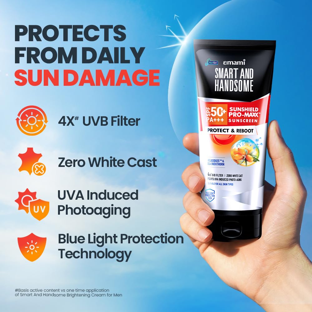 Smart And Handsome Sunshield Promaxx Sunscreen, Spf 50+ Pa+++, Protect & Reboot, 50g, Sea Buckthorn Extract + Helioedge5™ Technology, Zero White Cast, Dermatolo
