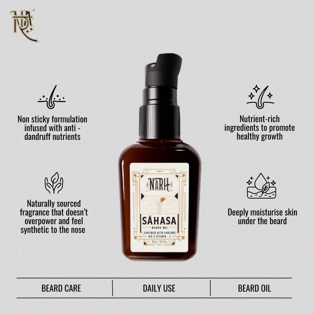 NARH SAHASA | Luxury Beard Oil for Men | Musk Fragrance | All-Natural, Non-Sticky, Beard Hydration & Anti-Dandruff | Enriched with Vitamin E, Jojoba, & Avocado