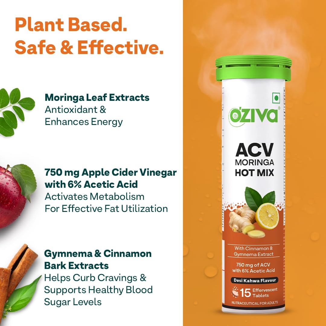 OZiva ACV Moringa Hot Mix Tablets, Boost Metabolism, Gymnema, Desi Kahwa 15 count (Pack of 1)