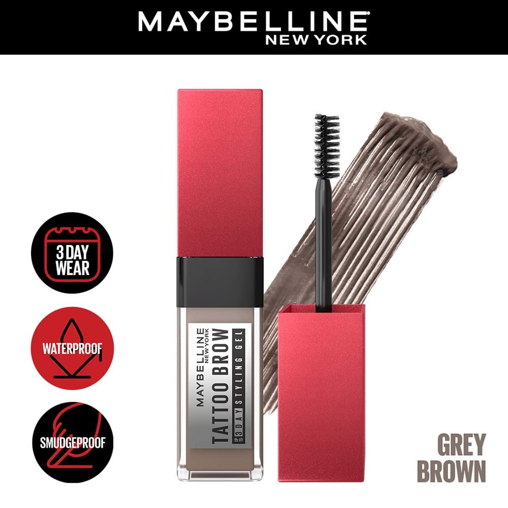 Maybelline New York Tattoo Brow 3 Day Styling Brow Gel - Grey Brown, Semi-permanent Tinted Eyebrow Gel, Water, smudge & Transfer-proof. Tattoo Brow 3 Day Styling Brow Gel Last Up To 3 Days | 6ml