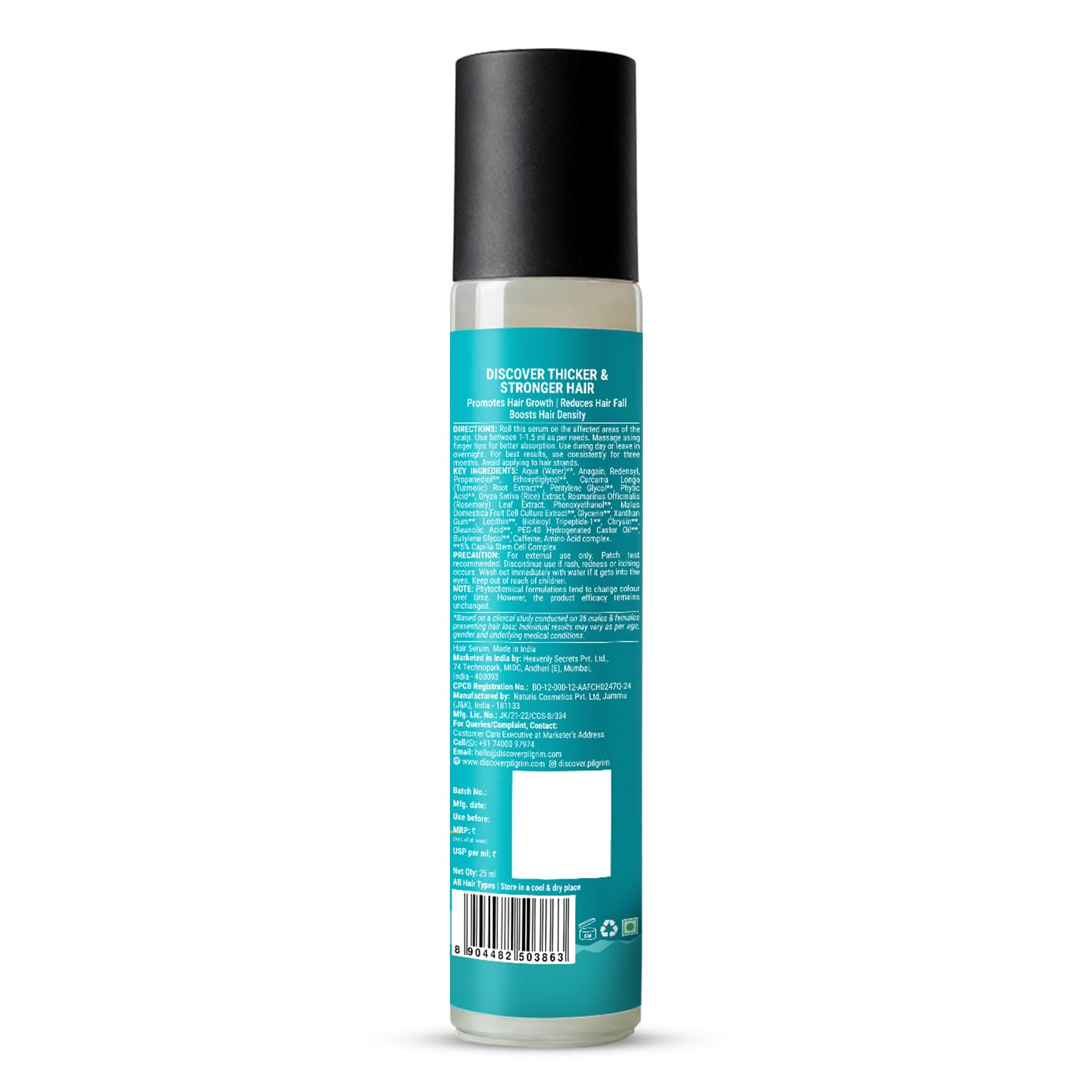 Pilgrim 3% Redensyl, 4% Anagain & 5% Capilia Stem Advanced Hair Growth Serum Roll-on for Scalp with Korean Black Rice & Rosemary | Control Fall, Stimulate Regrowth, Increase Density | (25ml)