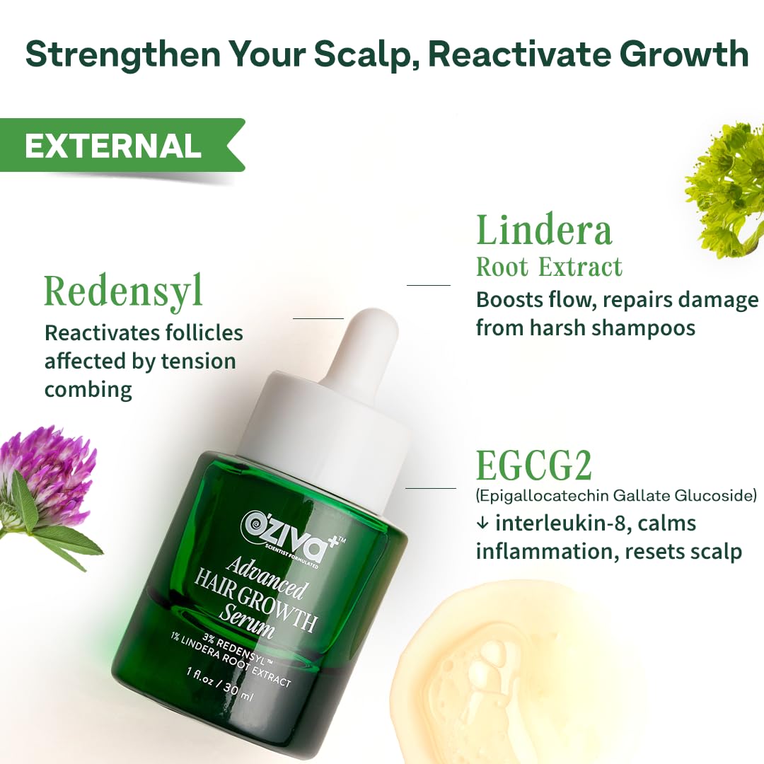 OZiva Hair Vitamin Capsules for Hair Growth & Hair Fall Control, 60 Cap and OZiva+ Advanced Hair Growth Serum with 3% Redensyl & 1% Lindera Root Extract | Balan