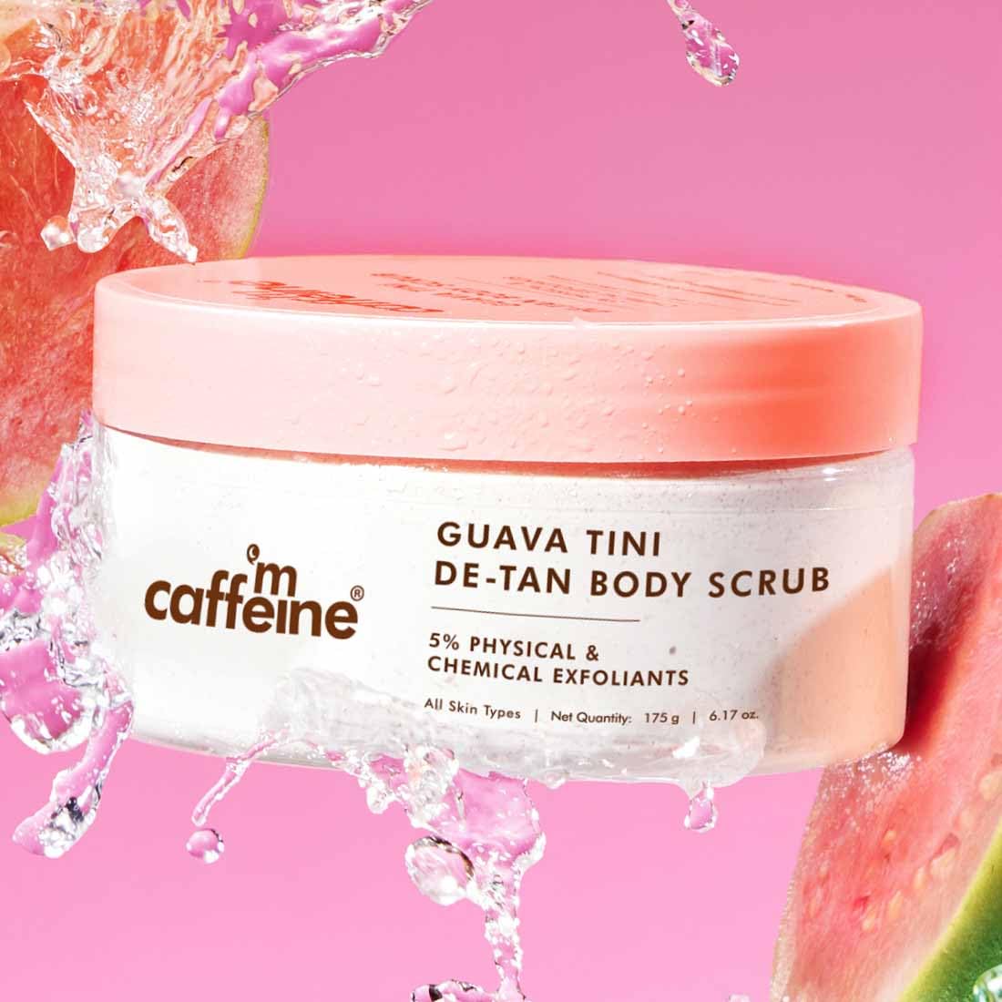 mCaffeine Dual Action Guava De-Tan Body Scrub with 5% Natural & Chemical Exfoliants | Glycolic, Lactic & Salicylic Acid | Reduces Tan & Brightens Skin | Fruity,