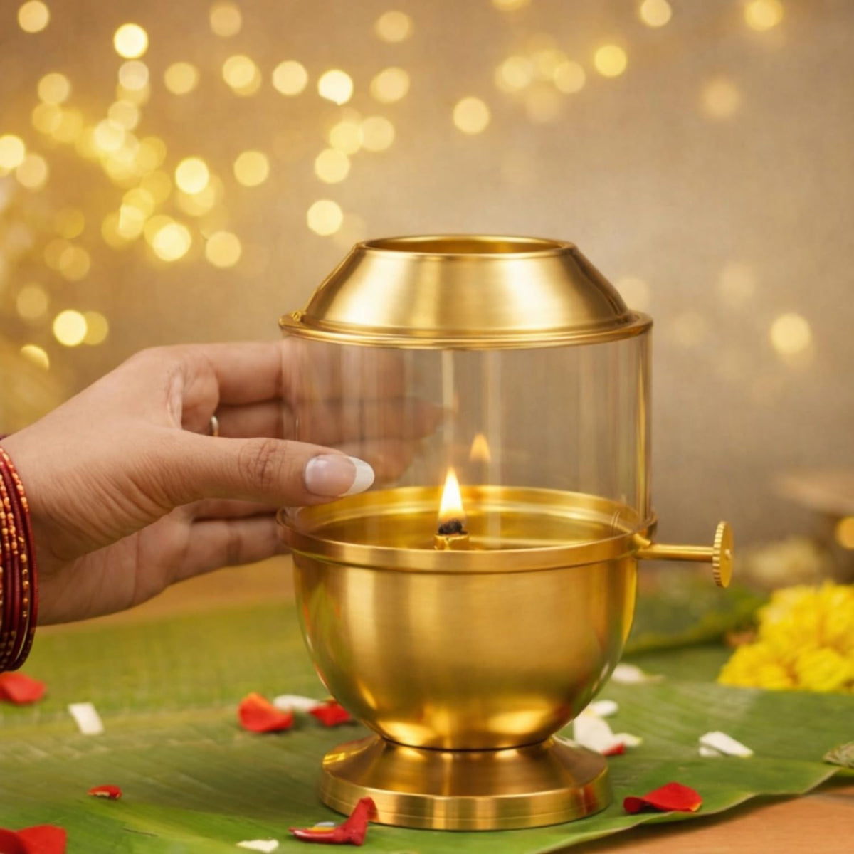 ServDharm Brass Akhand Diya with Adjustable Bati for Puja, Wick Adjustment Screw Knob and Borosilicate Glass Cover I Large, 250 ml Oil Capacity, Long Lasting 48