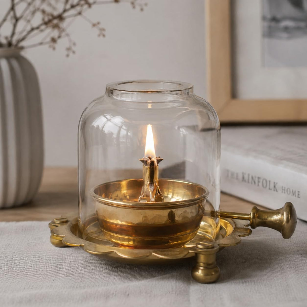 Brass Premium Akhand Diya for Home Temple, Traditional Oil Lamp with Glass Cover