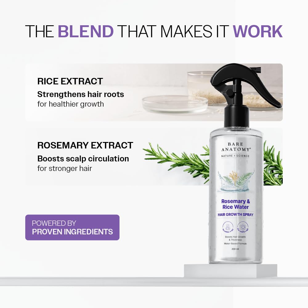 Bare Anatomy Nature x Science Rosemary Water Spray for Hair Growth & Hair Thickness with Rice Water | 100% Natural Extract | Soft & Smooth Hair | Controls Hairfall & Adds Shine | Non-Greasy & Fast Absorbing | 200 ml