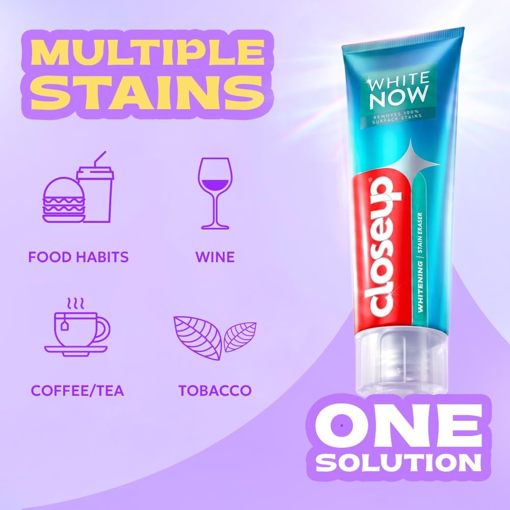 Close Up White Now Stain Eraser toothpaste for Teeth Whitening | Removes 100% surface stains to whiten teeth| Minty Fresh | Enamel safe & for daily use 100g