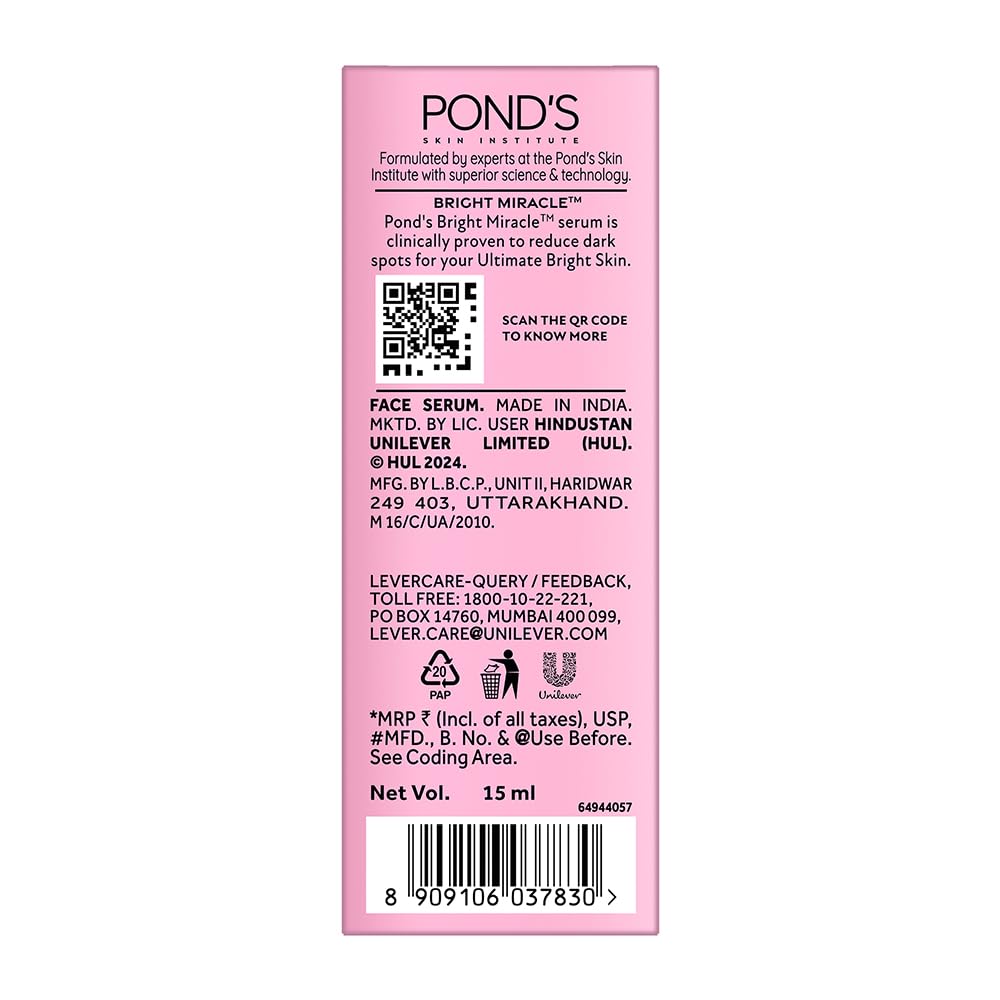 Pond's Bright Miracle Ultimate Brightening Serum with Niasorcinol | 30X better than Vitamin C | For Visibly Brighter, Spot-Free Skin in 1 Week | Lightweight & F