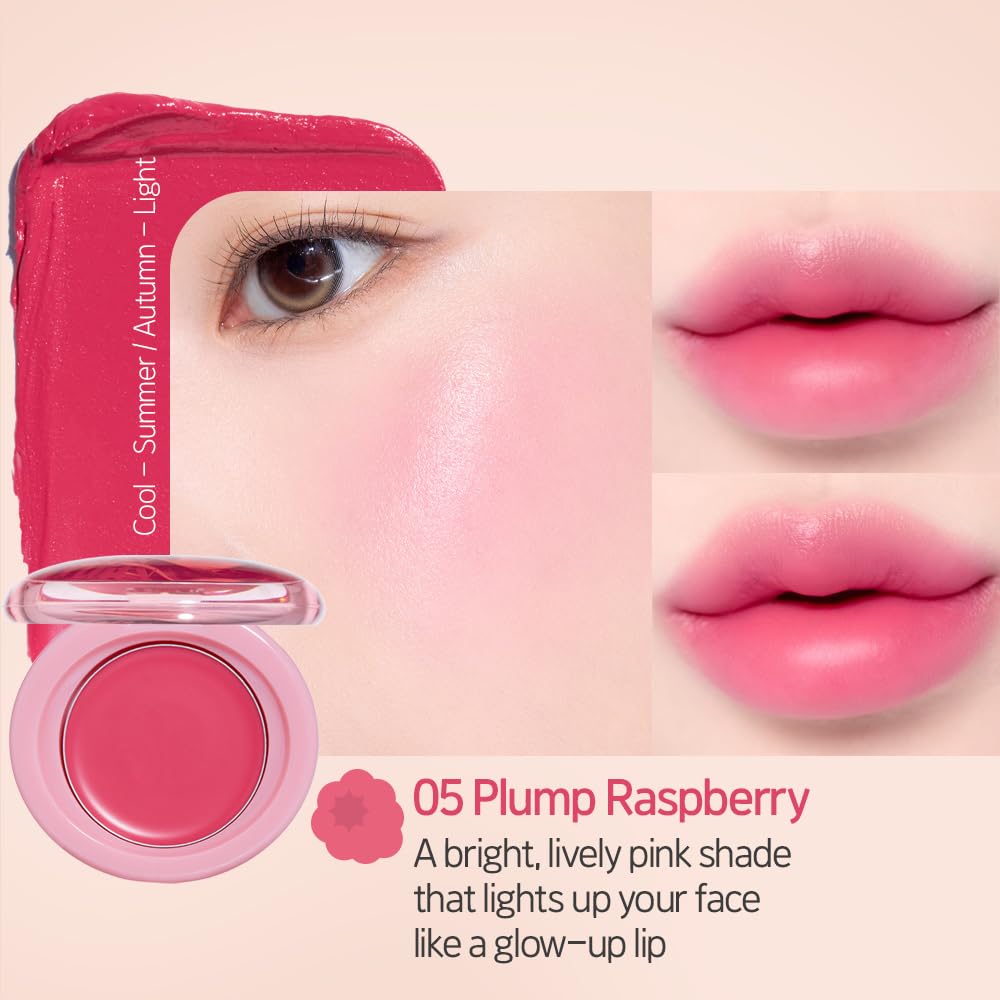 Etude Fruity Lip & Cheek Blur Balm| Cream blush, Soft Melting Texture| Highly pigmented Korean Tint| Cute Puff applicator|Korean Makeup- 05 Plump Raspberry 2.3g