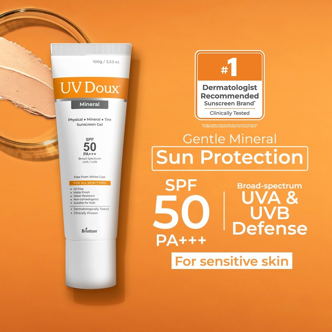 UV Doux Tinted Mineral Sunscreen SPF 50 PA+++ | 100% Mineral Broad Spectrum | Zinc & Iron Oxide | No White Cast | India’s No.1 Dermatologist Recommended Brand |