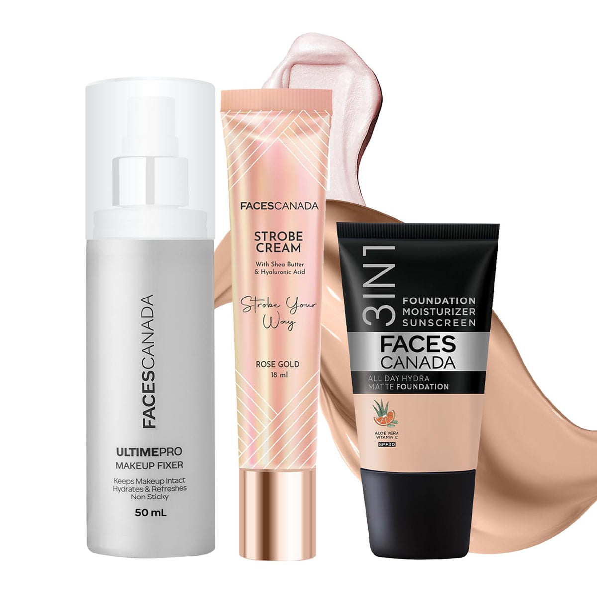 FACES CANADA Always On Shine Combo - All Day Hydra Matte Foundation - Rose Ivory 011 (18 ml) + Strobe Cream - Rose Gold (18ml) + Ultime Pro Makeup Fixer (50 ml)