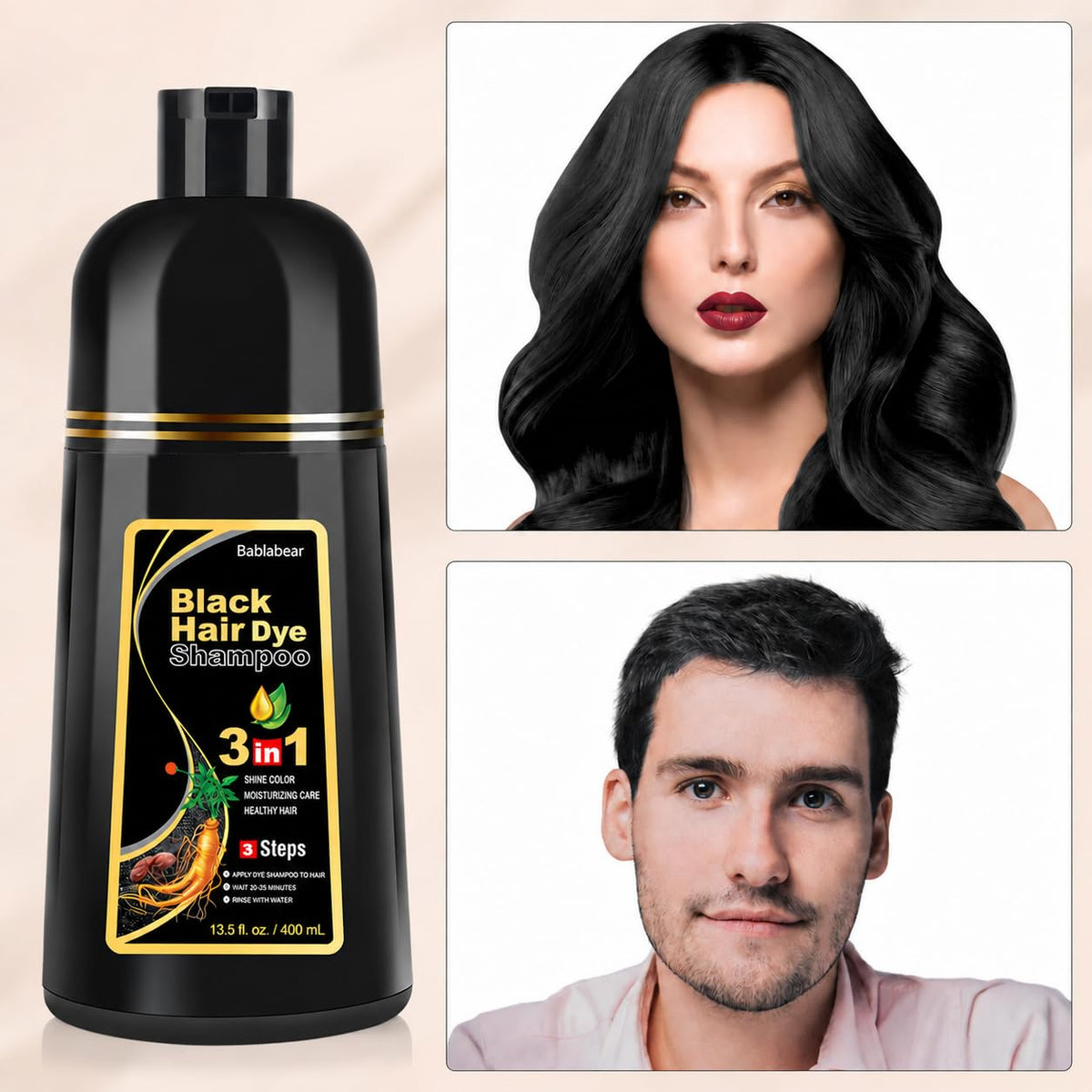 Bablabear Black Hair Dye Shampoo for Gray Hair,Hair Color Shampoo for Women and Men, Grey Coverage.