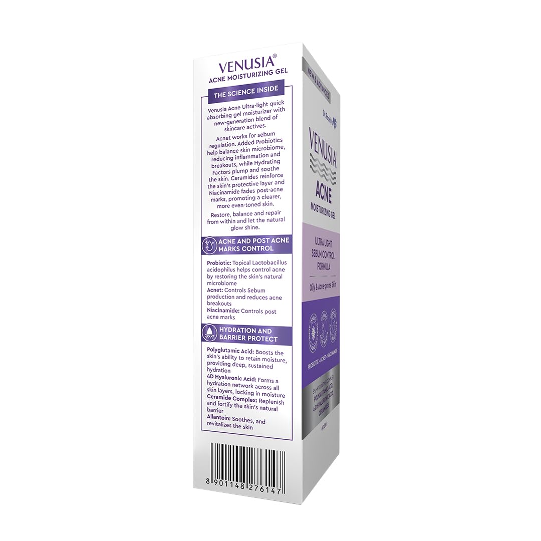 Dr. Reddy's Venusia Acne Moisturizing Gel For Oily & Acne Prone Skin | Ultra-light Sebum Control Formula With 5%+ Hydrating Complex, Polyglutamic Acid, 4-D Hyal