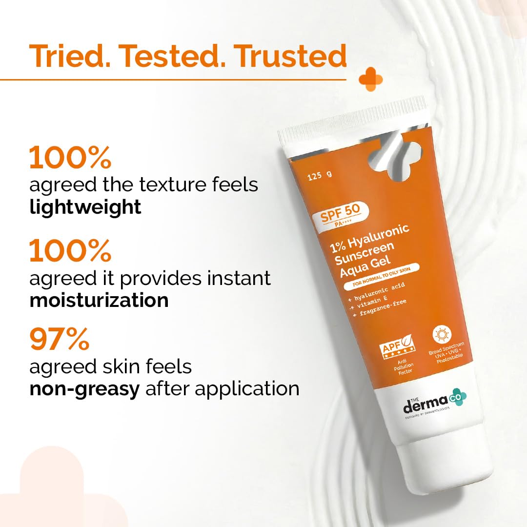 The Derma Co 1% Hyaluronic Sunscreen Aqua Gel SPF 50 PA++++ | Hydrating, Lightweight & Non-Greasy | No White Cast | Broad Spectrum & Blue Light Protection | Clinically Tested - (In-Vivo) | 125 g