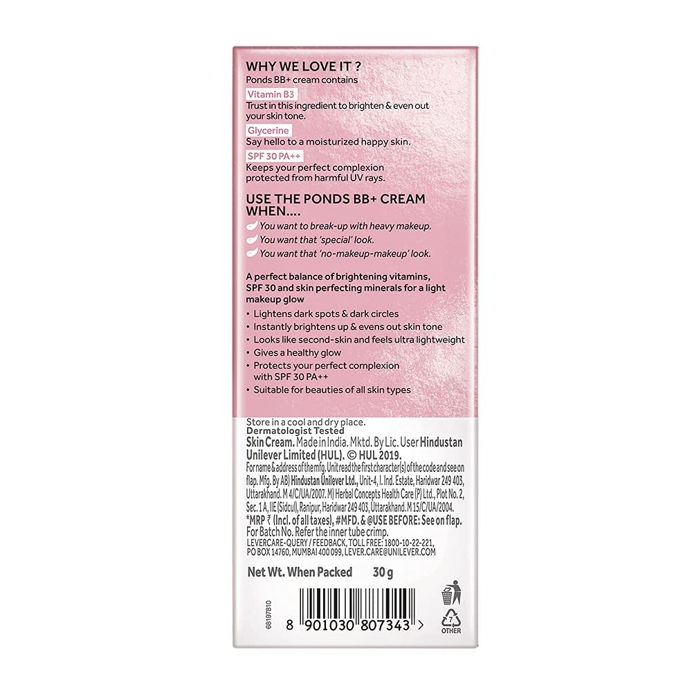 POND'S BB+ Cream, Instant Spot Coverage + Light Make-up Glow, Natural 30g 30 g (Pack of 1)