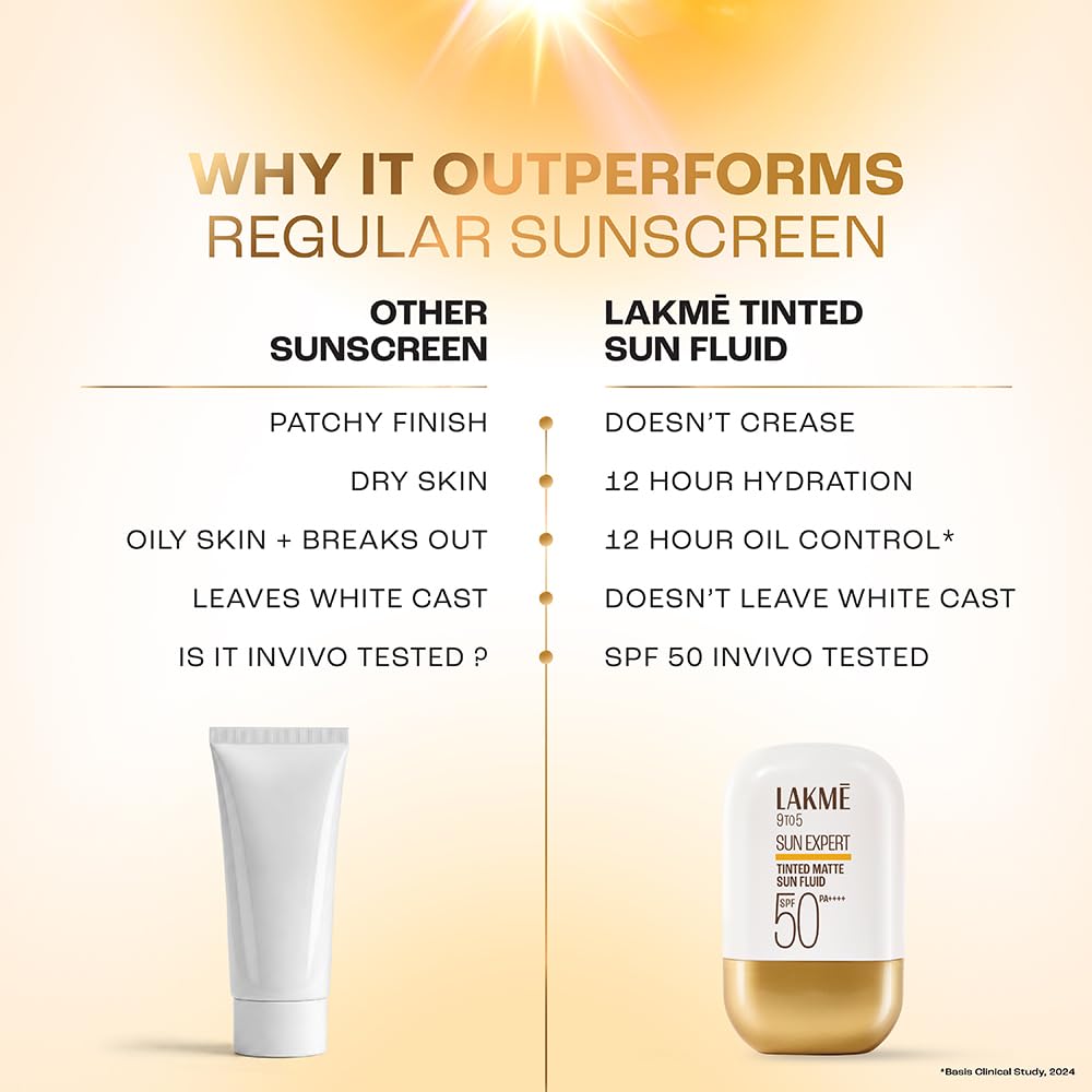 Lakme Sun Expert Tinted Dry Matte Sunscreen Fluid SPF 50+ PA++++ | 1% Ceramide Complex for Skin Barrier Repair | Sheer Coverage Foundation Like Finish – Bronze