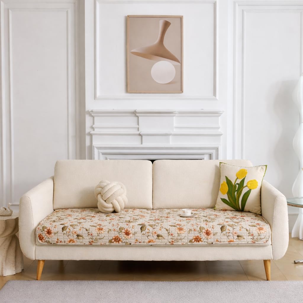 HOMETHREADS Anti-Skid Sofa Protector Mat: Premium Printed Cotton Slipcover with Strong PVC Non-Slip Backing (Beige, 2 Seater | 140x75cm) Beige 2 Seater | 140x75