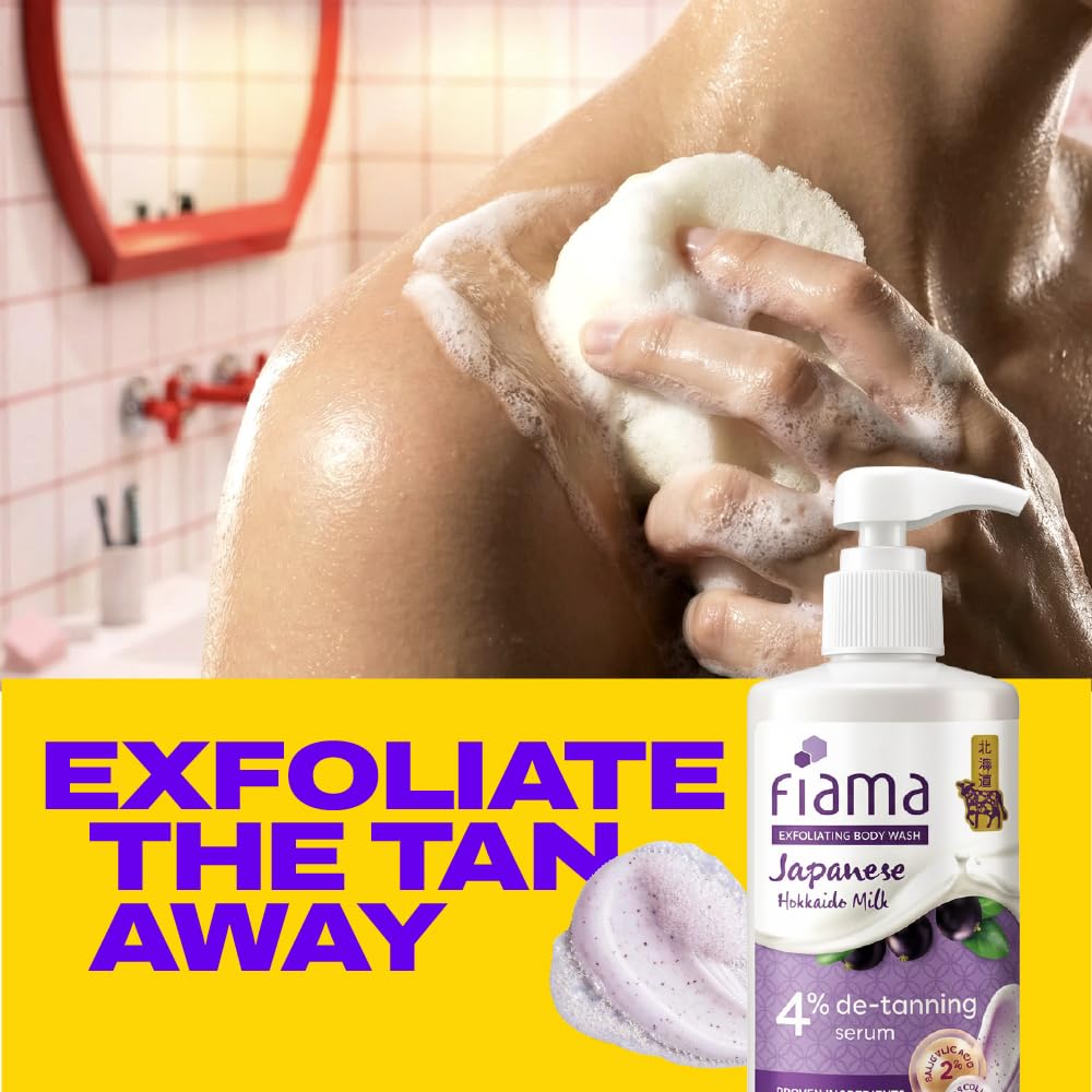 Fiama 4% Detan Serum Exfoliating Body Wash 250ml, 2% Salicylic Acid, 1% Glycolic Acid, 1% Exfoliating Tan Removal Shower Gel, Gently removes dead skin | Exotic