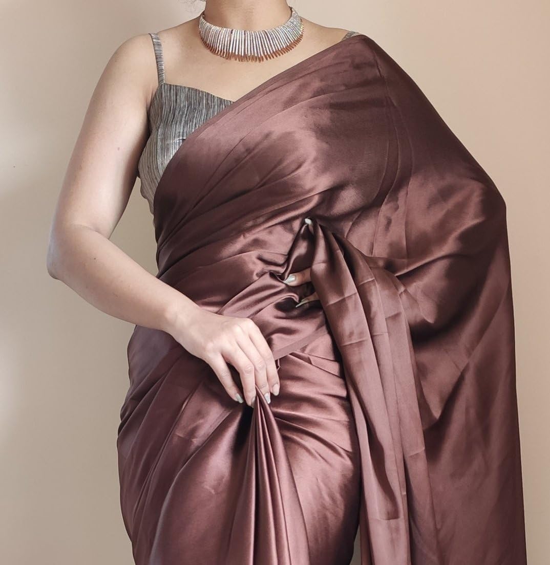 Women's Ready to Wear Coffee Satin Silk 1 Minute Pre Pleated Indian Saree With Unstiched Blouse